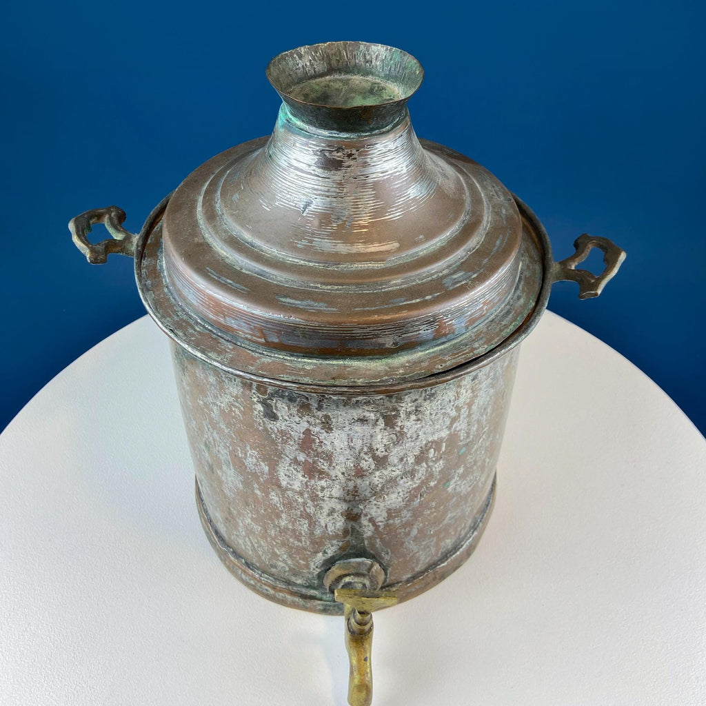 Hand-Pounded Copper and Tin Beverage Dispenser with Brass Spigot