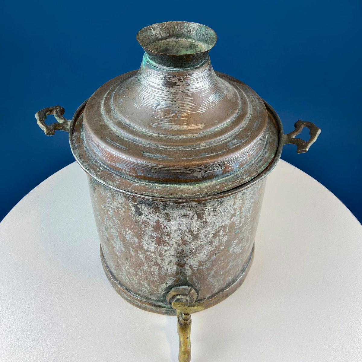 Hand-Pounded Copper and Tin Beverage Dispenser with Brass Spigot