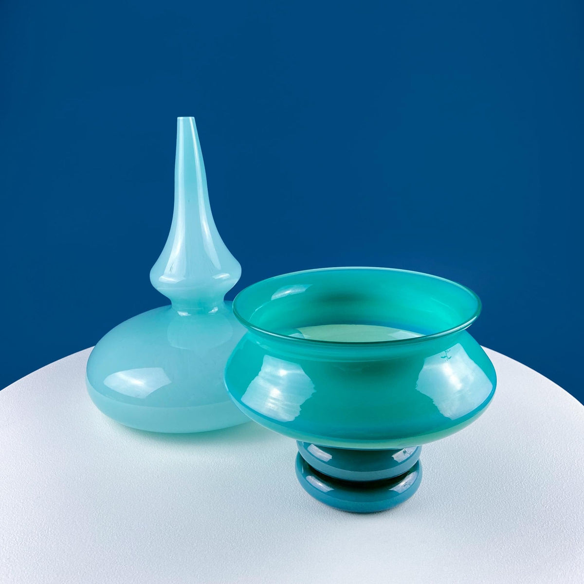 Aqua Blue Geometric Art Glass Vases, Pair