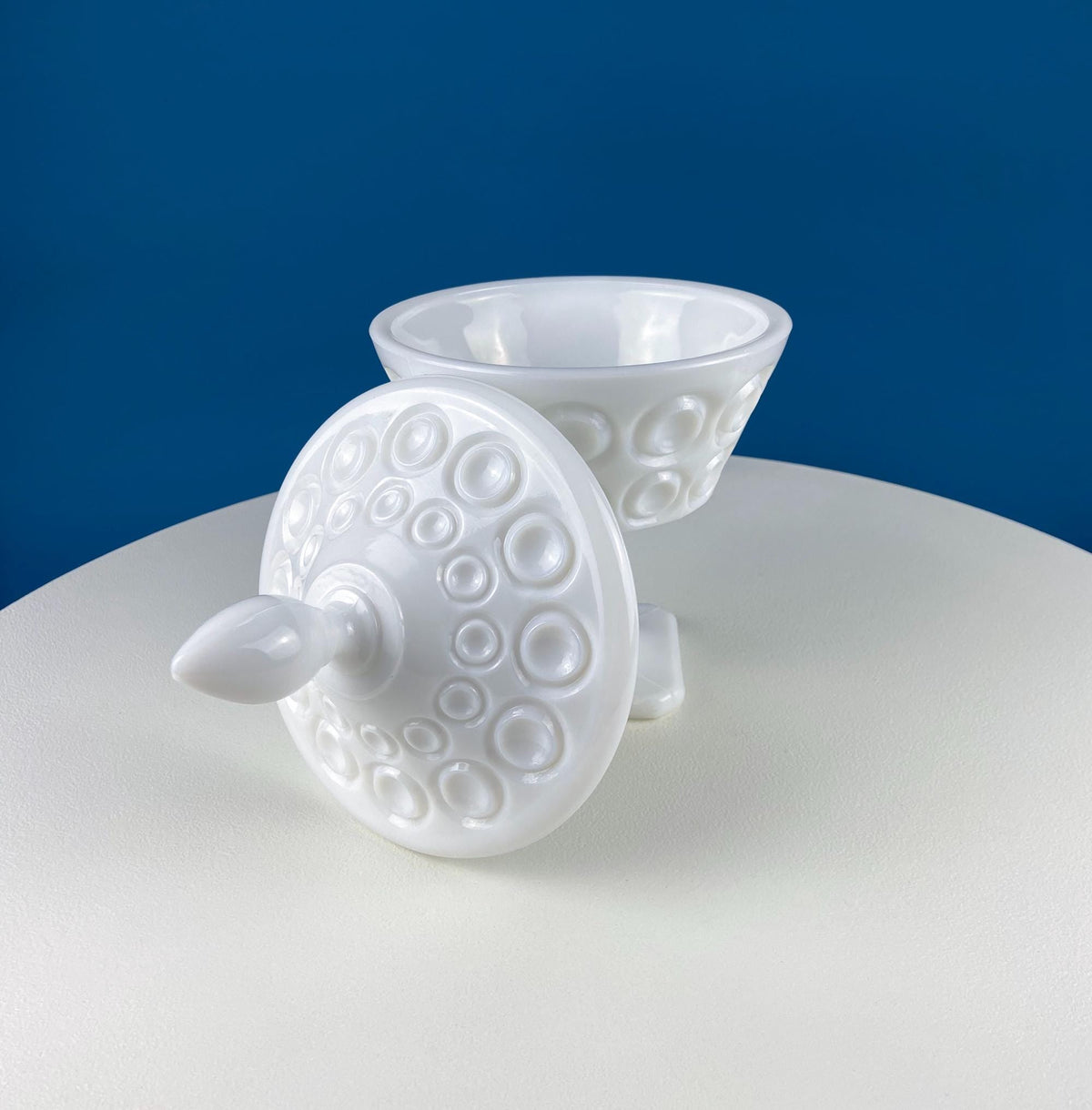 Milk Glass Footed Lidded Bowl with Embossed Circles
