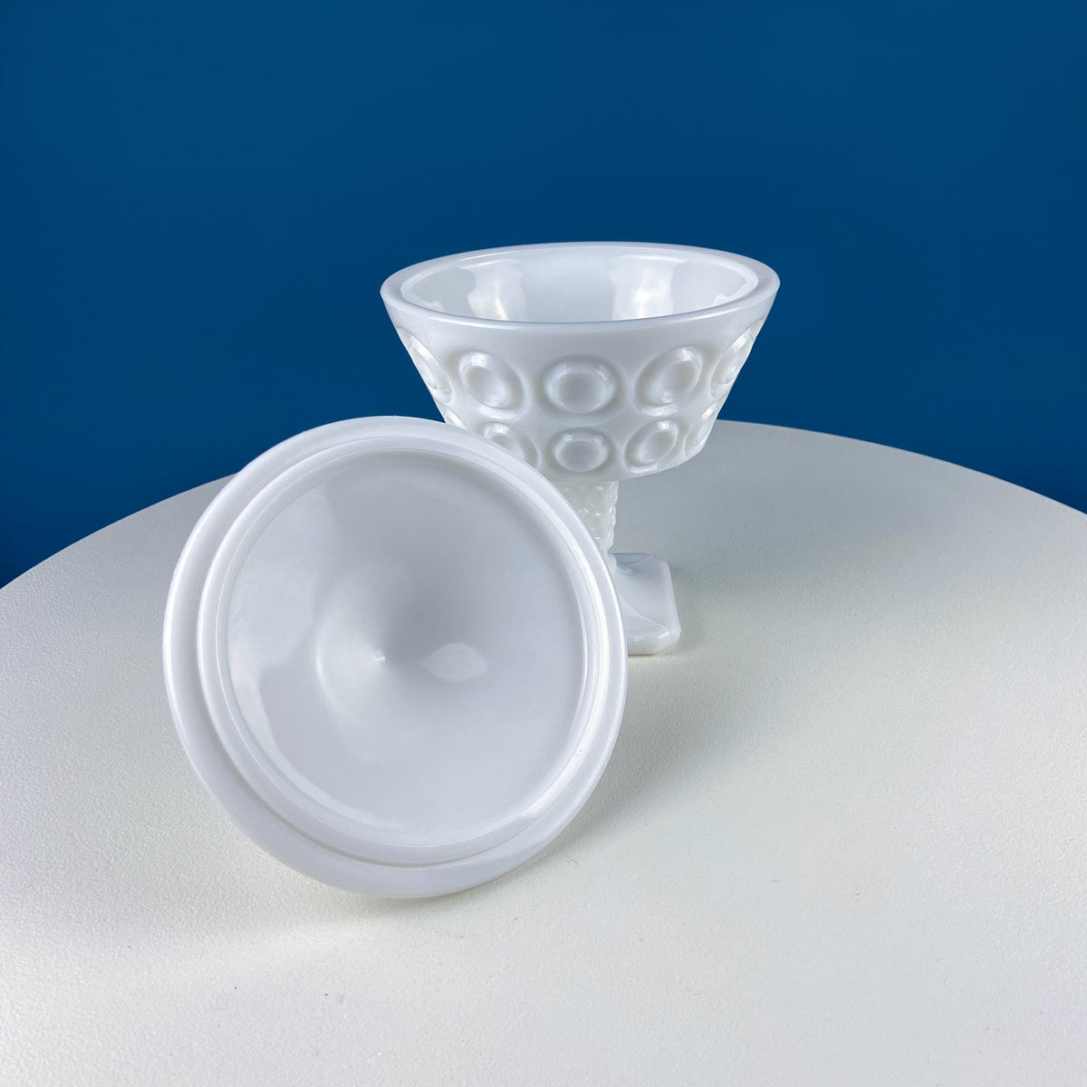 Milk Glass Footed Lidded Bowl with Embossed Circles