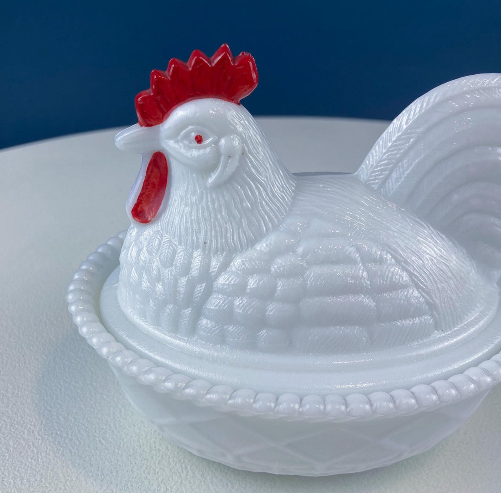 Westmoreland Milk Glass Rooster on Nest Covered Dish