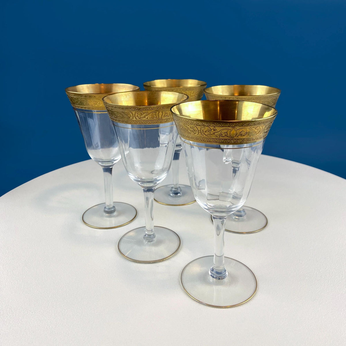 Tiffin Franciscan Gold-Rim Faceted Wine Goblets, Set of 5