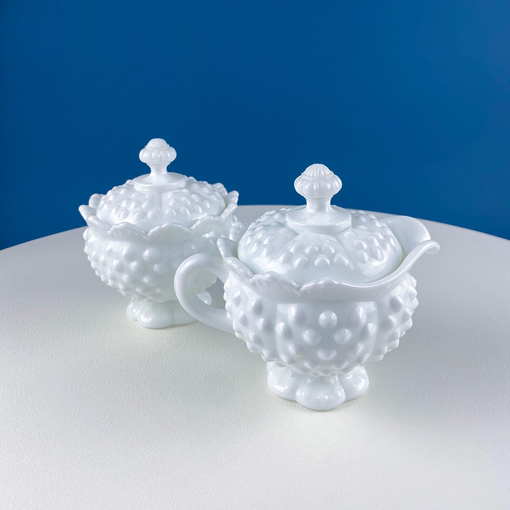 Fenton Thumbprint Milk Glass Sugar & Creamer on Tray