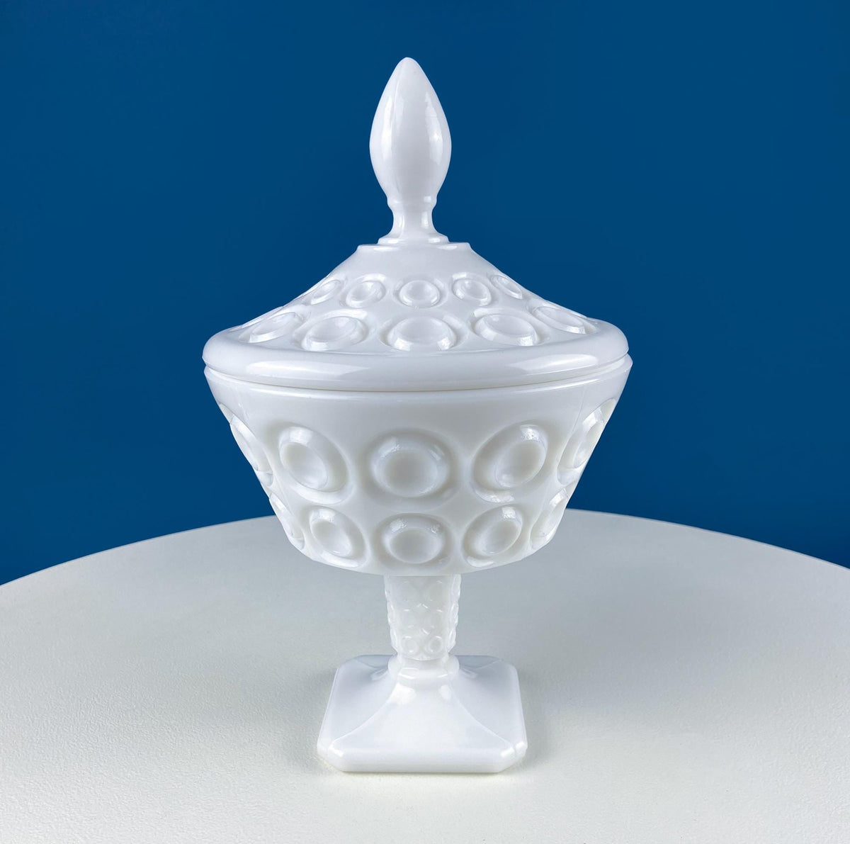 Milk Glass Footed Lidded Bowl with Embossed Circles