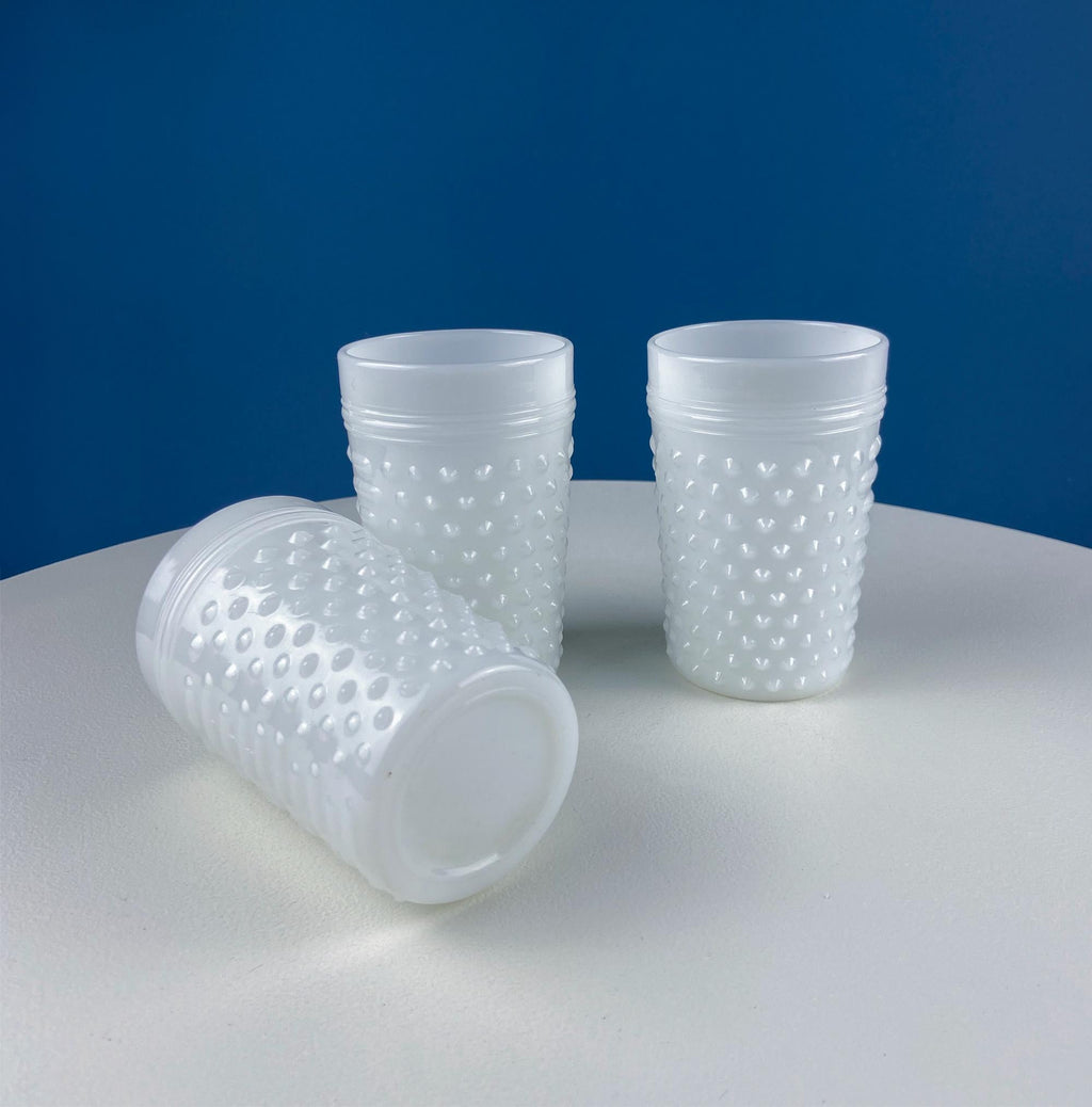 Hobnail Milk Glass Pitcher with 3 Tall Glasses