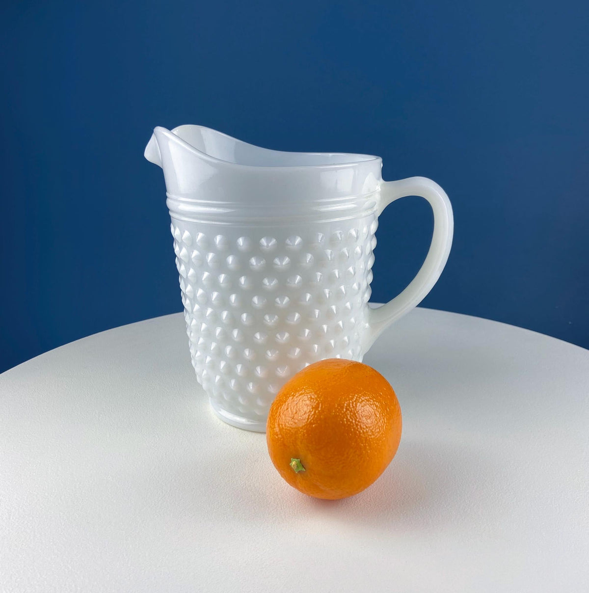 Hobnail Milk Glass Pitcher with 3 Tall Glasses