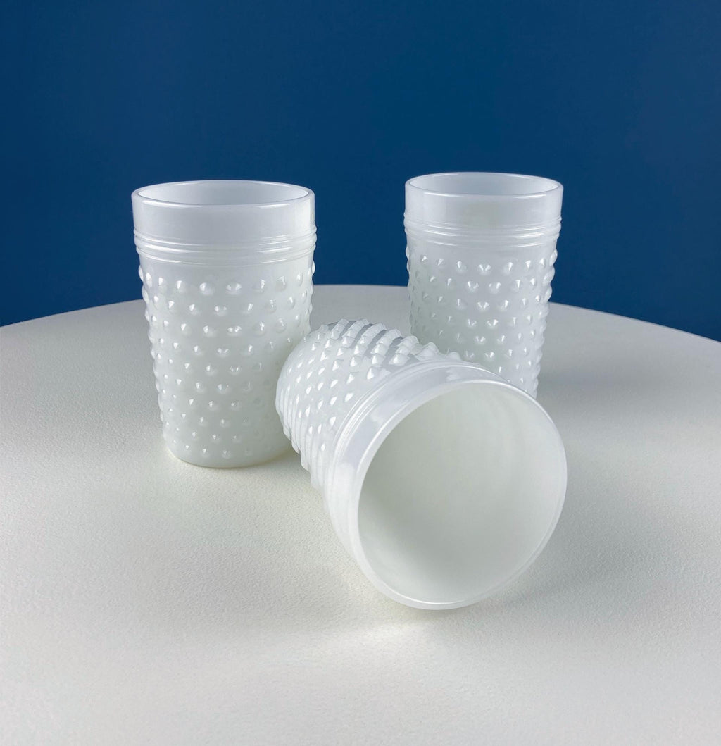 Hobnail Milk Glass Pitcher with 3 Tall Glasses