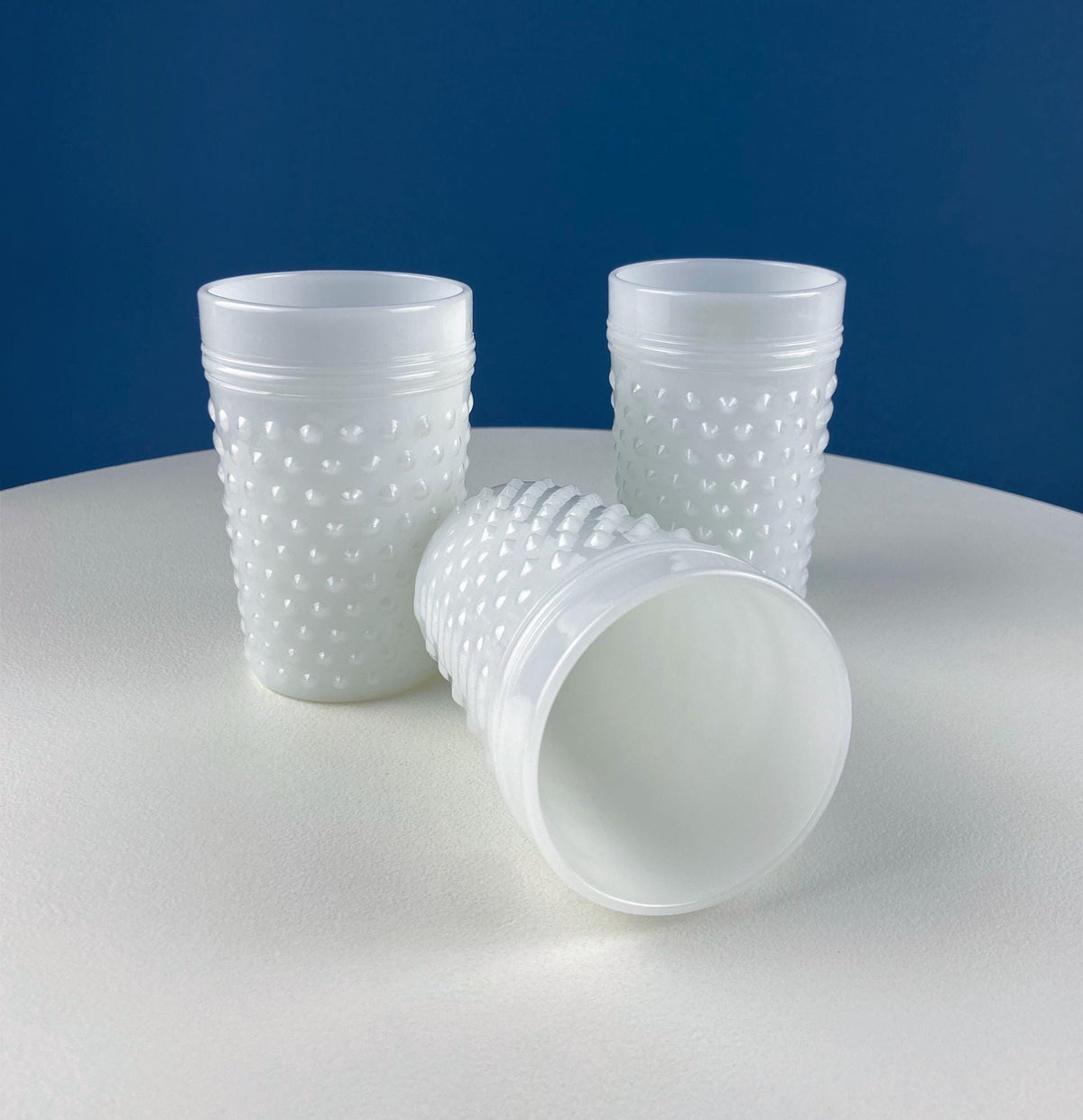 Hobnail Milk Glass Pitcher with 3 Tall Glasses