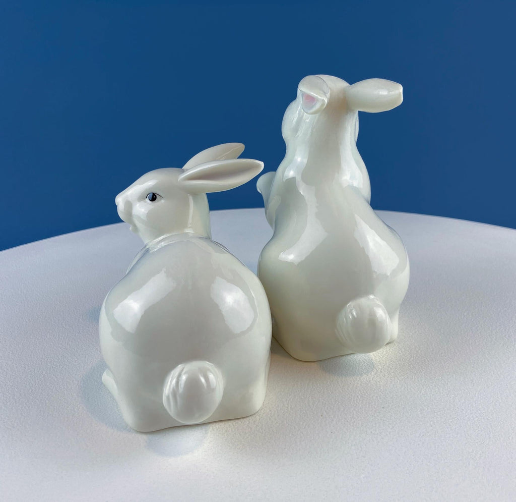 White Porcelain Bunny Figurines, Pair
