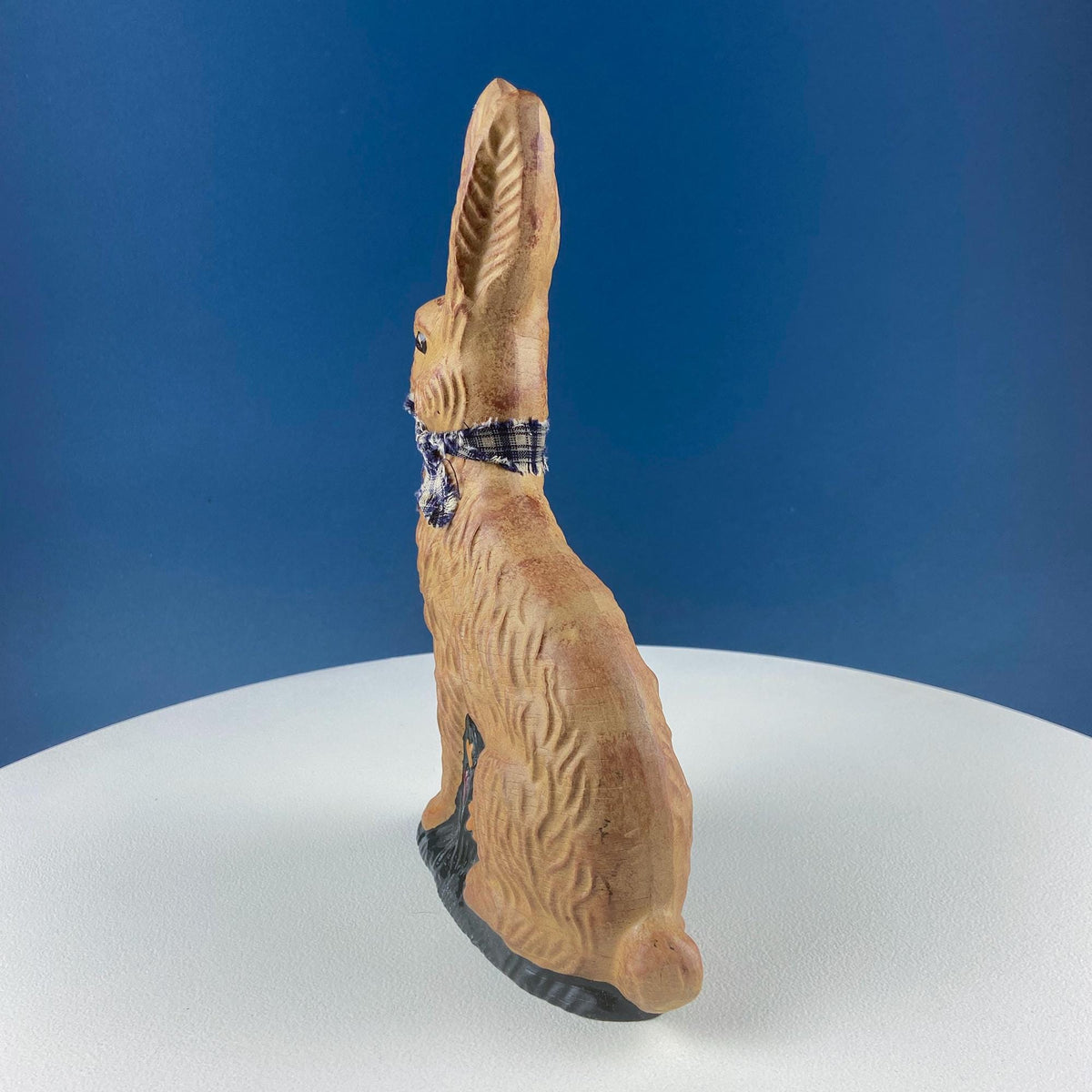 Hand-Painted Brown Bunny Figurine with Plaid Bow