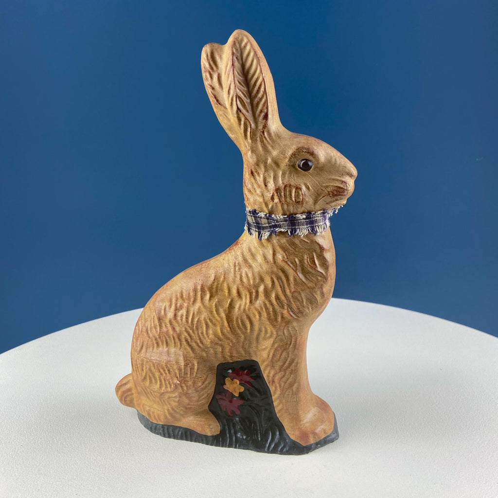Hand-Painted Brown Bunny Figurine with Plaid Bow