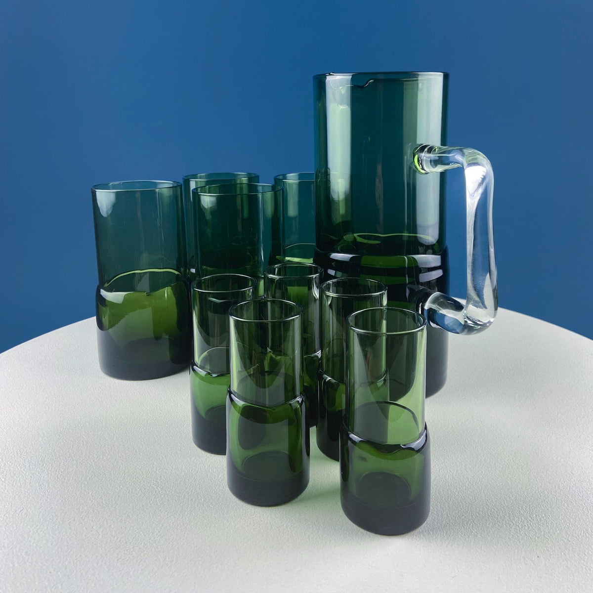 Double-Dipped Green Glass Pitcher with 9 Glasses