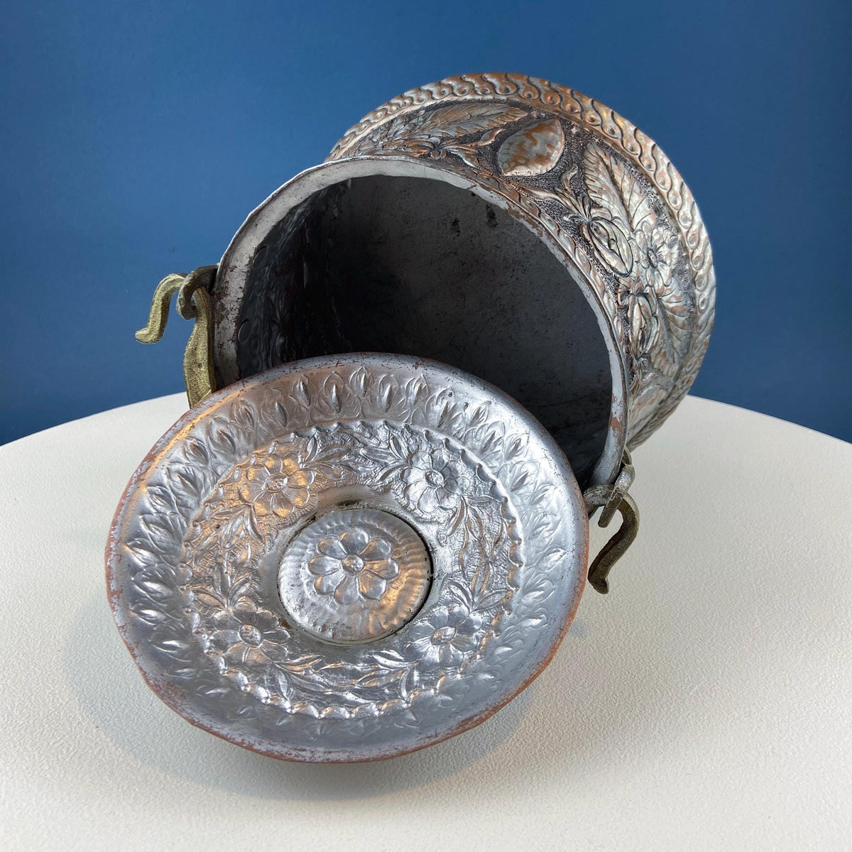 Hand-Pounded Copper & Tin Lidded Pail with Brass Handle