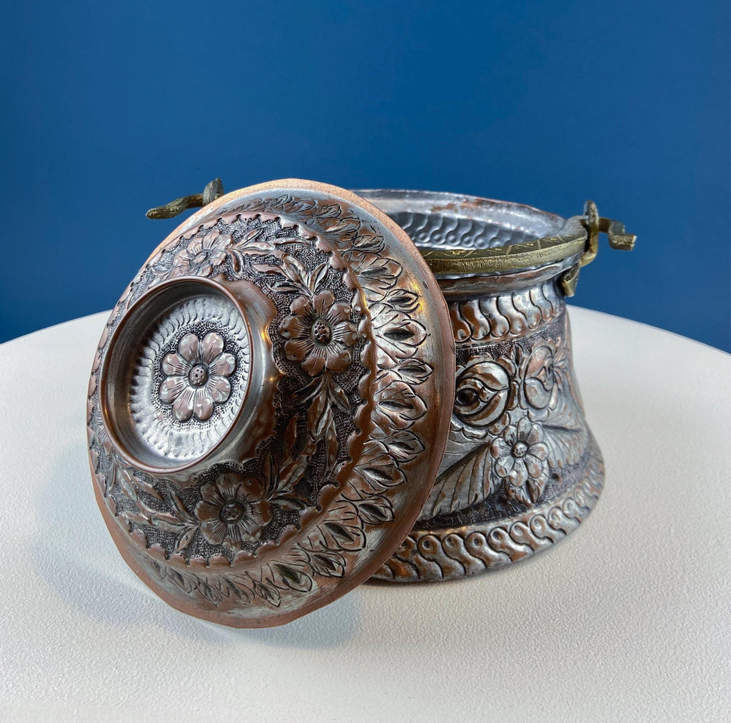 Hand-Pounded Copper & Tin Lidded Pail with Brass Handle