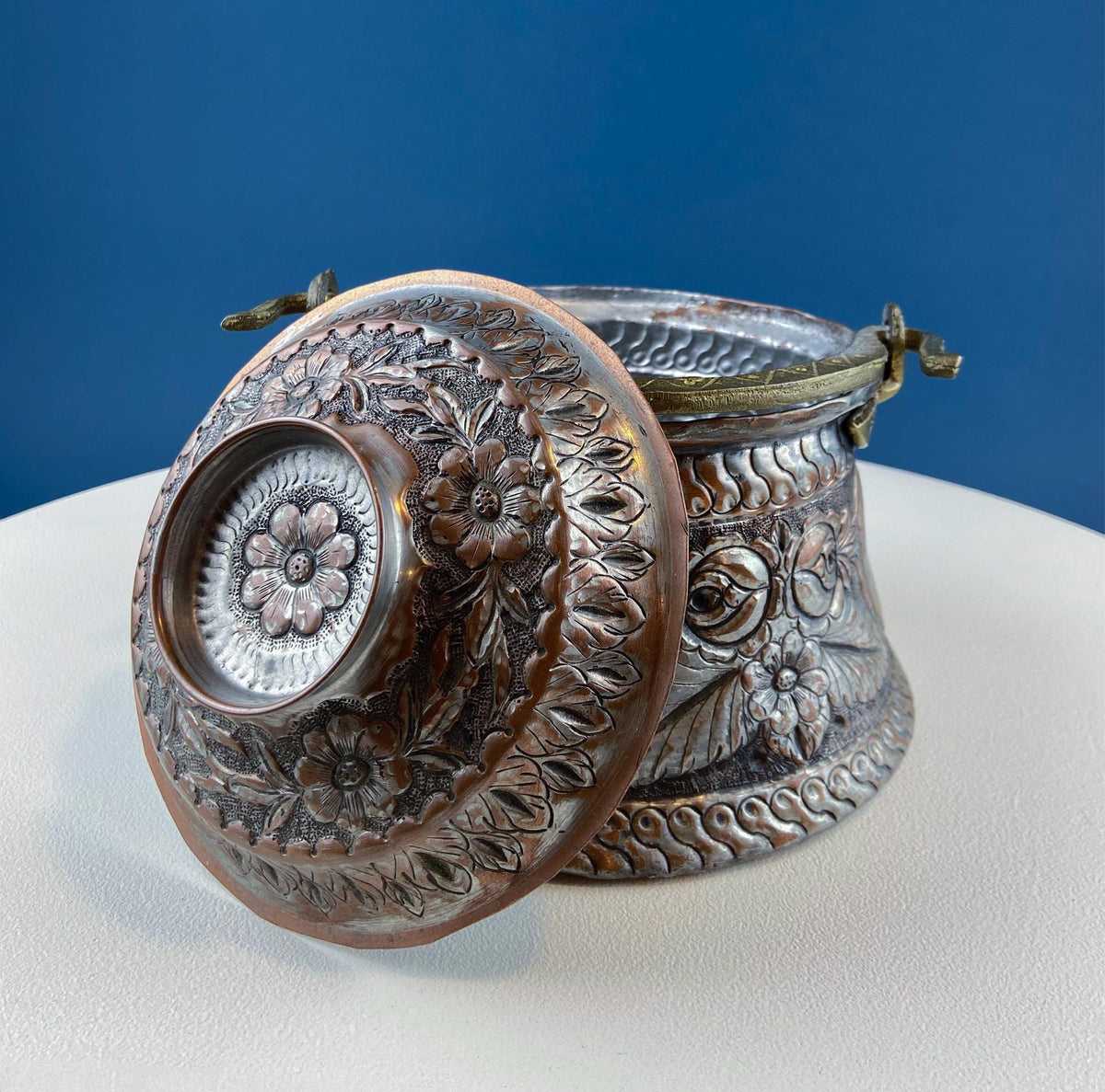 Hand-Pounded Copper & Tin Lidded Pail with Brass Handle