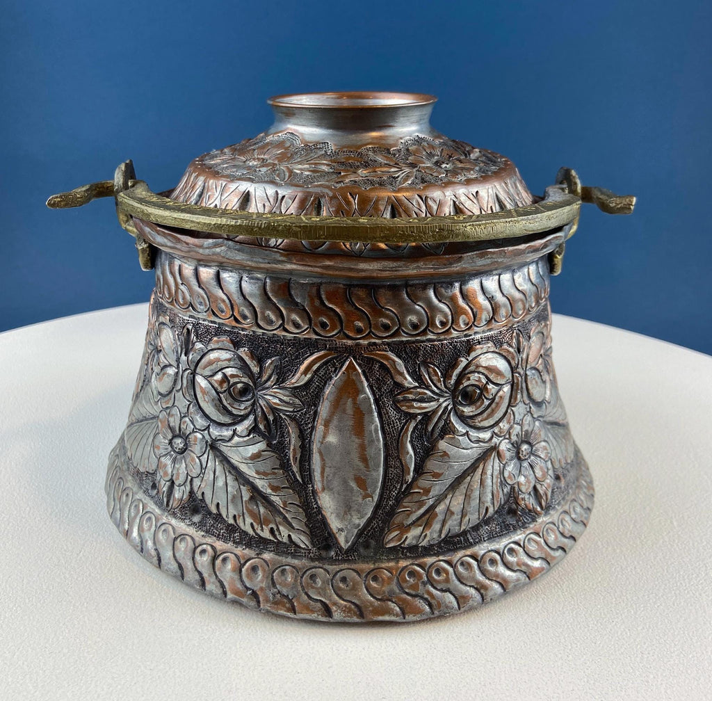 Hand-Pounded Copper & Tin Lidded Pail with Brass Handle