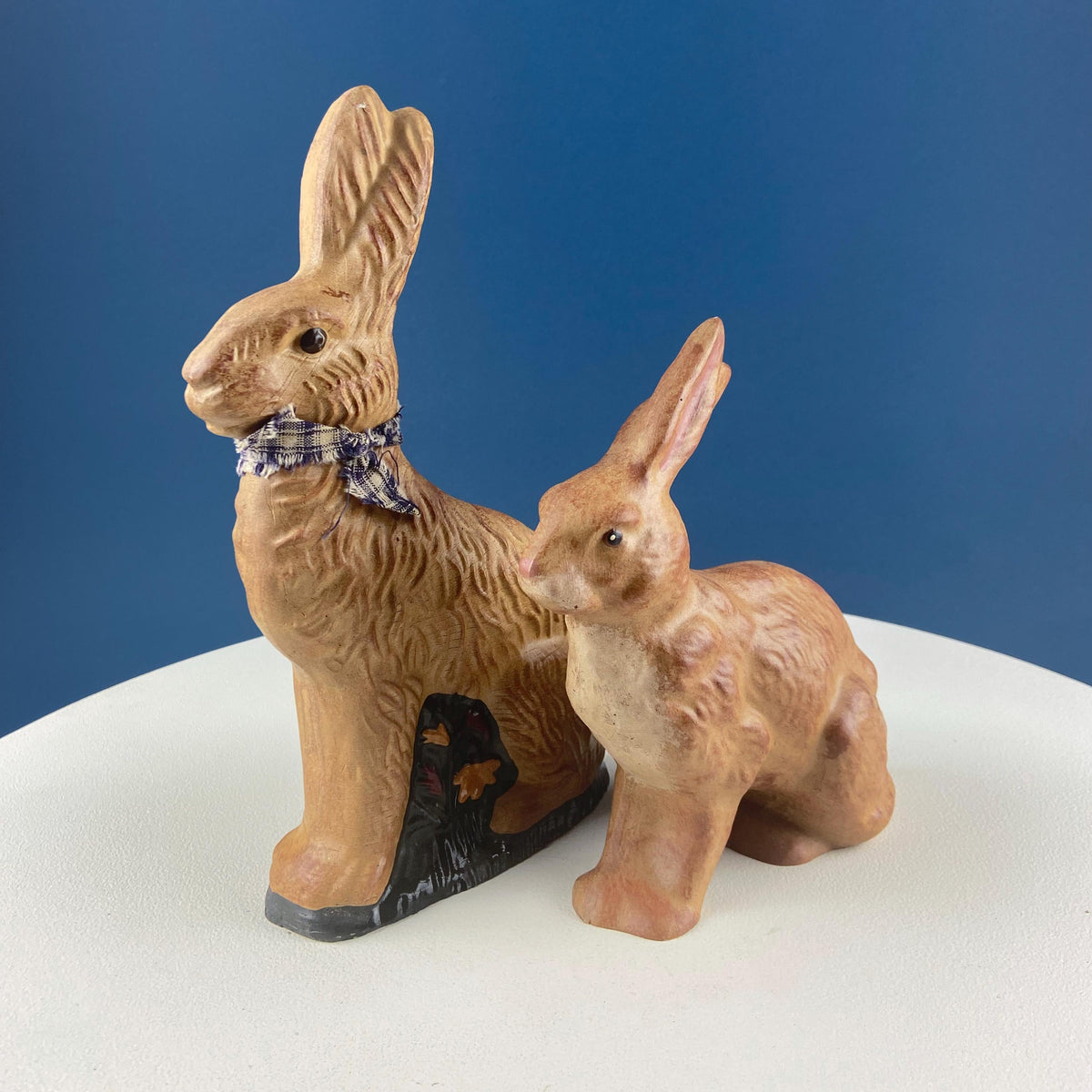 Hand-Painted Brown Bunny Figurine with Plaid Bow