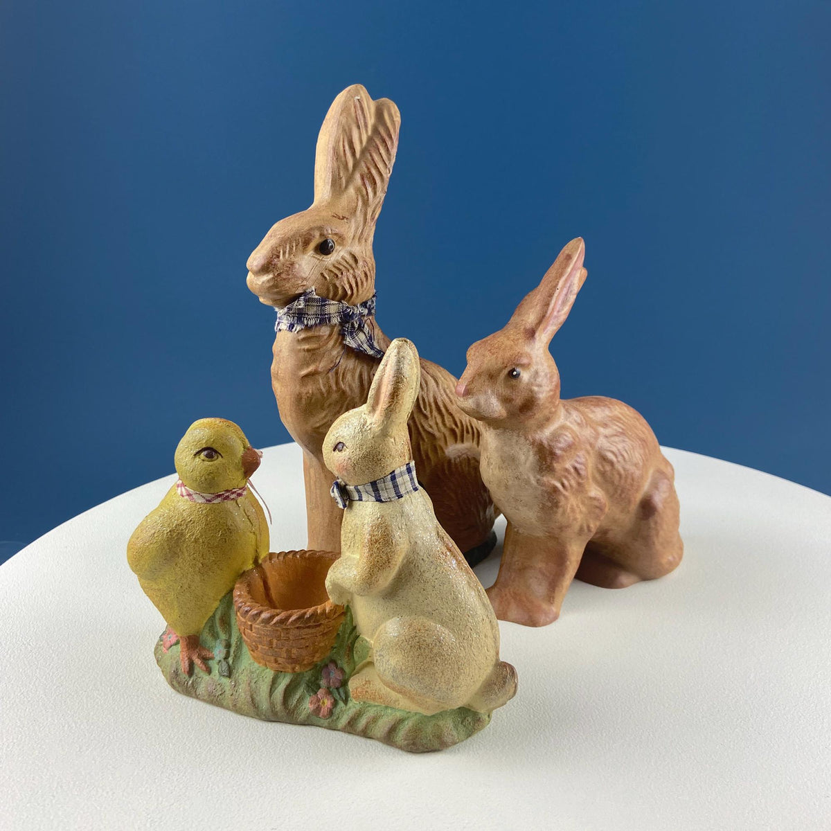 Hand-Painted Brown Bunny Figurine with Plaid Bow