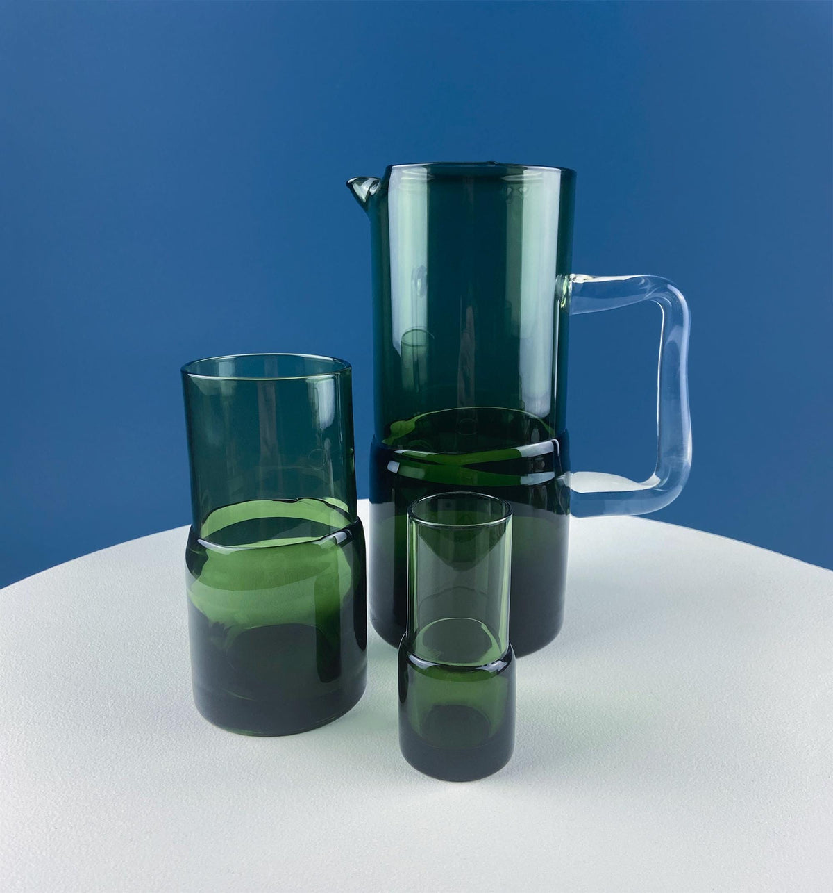 Double-Dipped Green Glass Pitcher with 9 Glasses