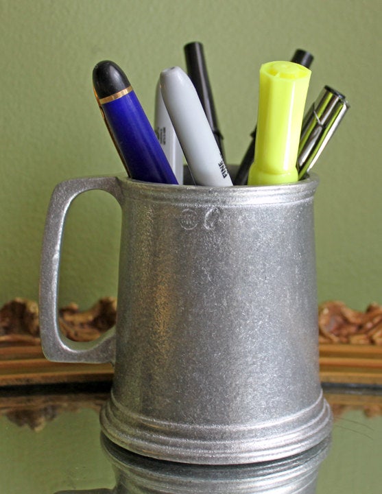 English Pewter Beer Mug with Embossed Medallion