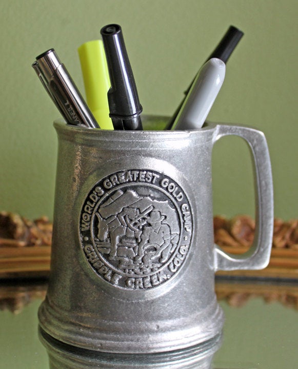 English Pewter Beer Mug with Embossed Medallion