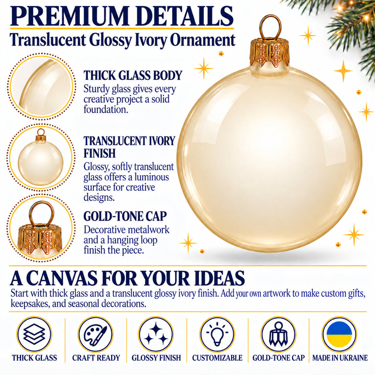 Set of 4 Translucent Glossy Ivory Glass Ball Christmas Ornaments (017)
