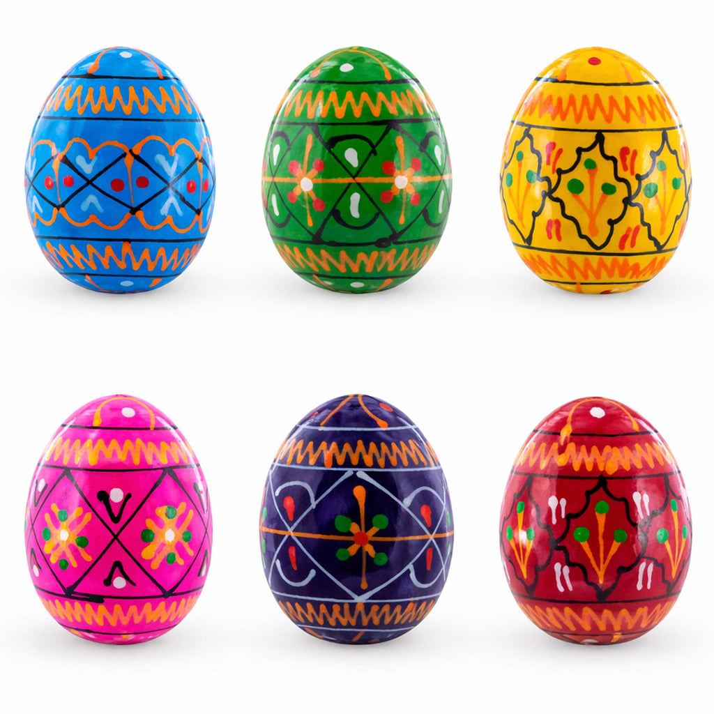 Set of 6 Mini Geometric Ukrainian Pysanky Wooden Easter Eggs 1.6 Inches