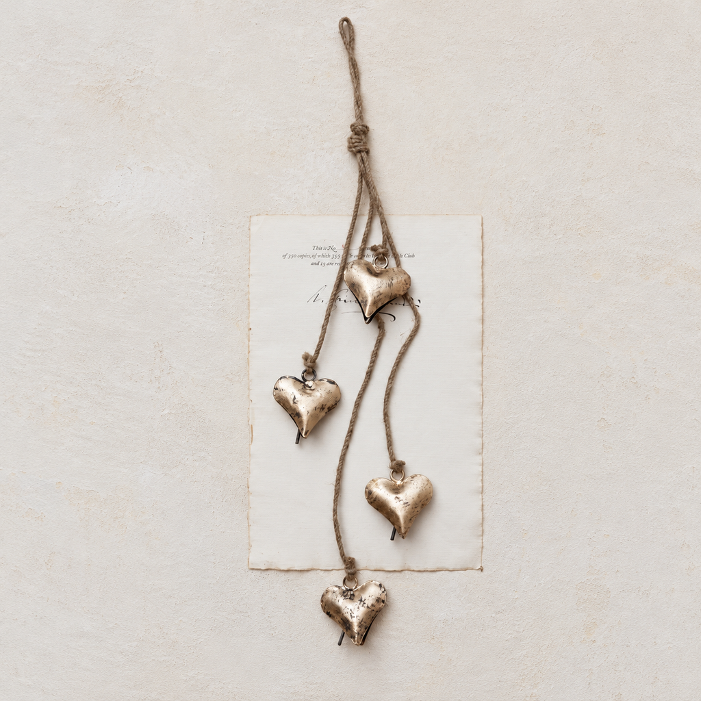 25.75" Metal Hearts on Jute Rope – Antique Brass Finish
