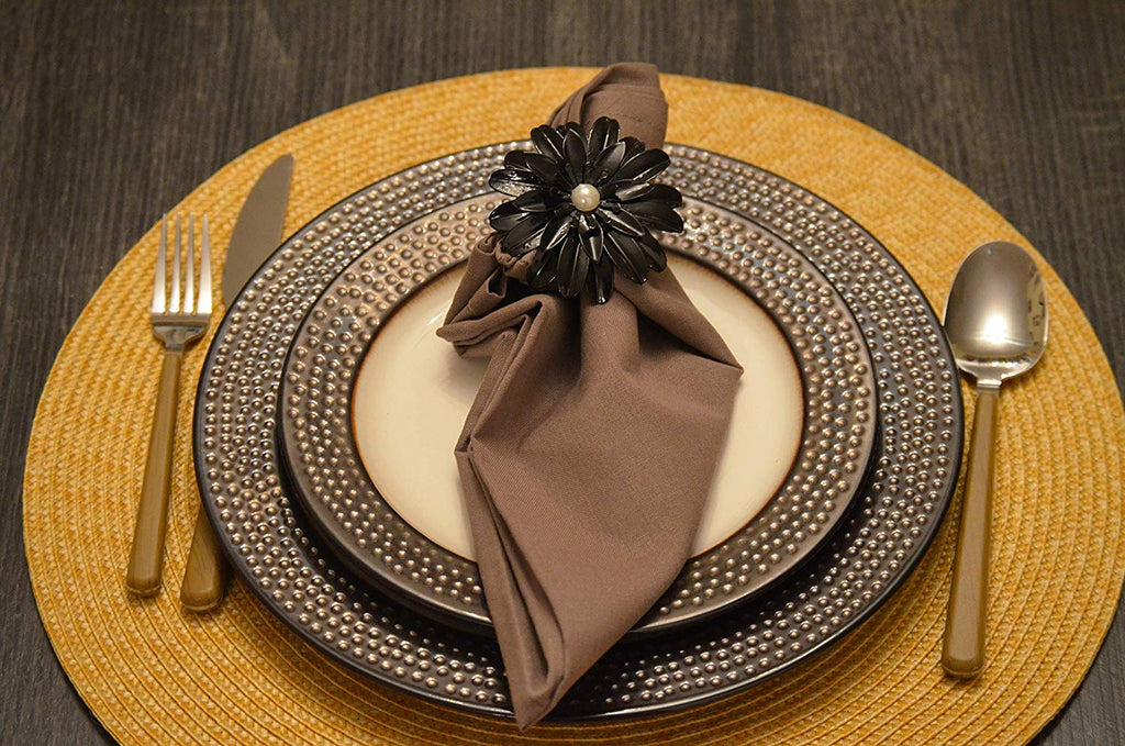Vibhsa Black Floral Napkin Rings | Set of 4, Pearl Accents, Handcrafted