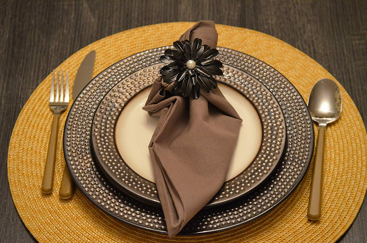 Vibhsa Black Floral Napkin Rings | Set of 4, Pearl Accents, Handcrafted
