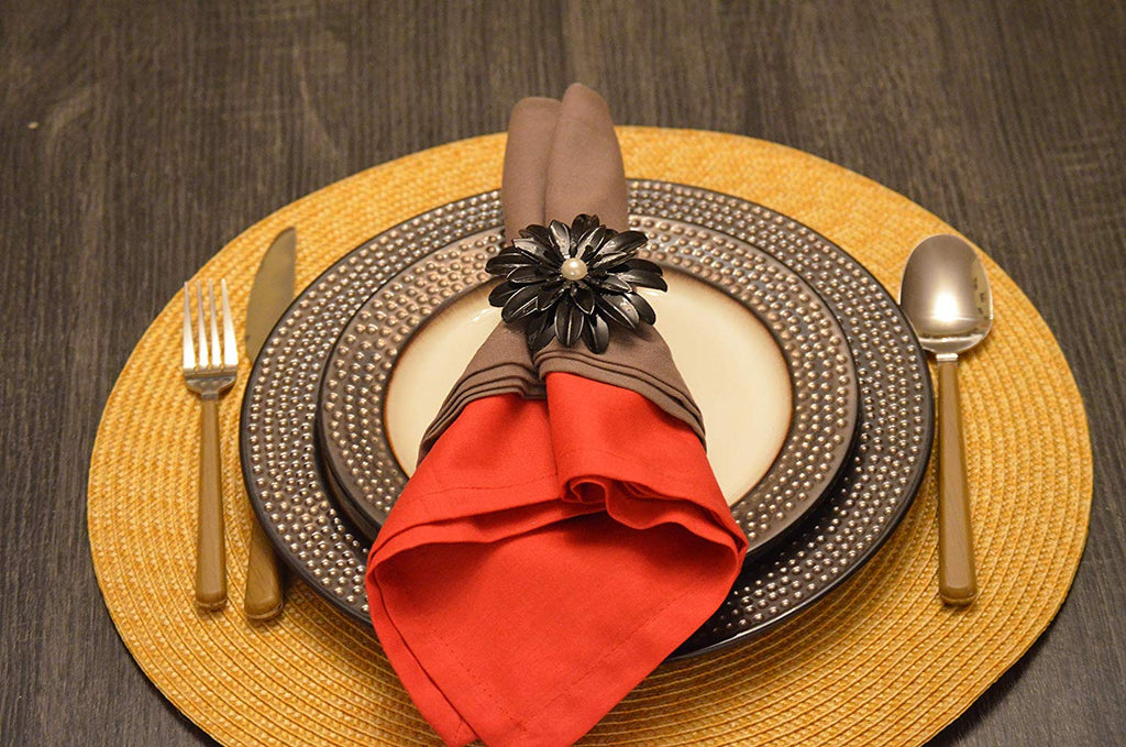 Vibhsa Black Floral Napkin Rings | Set of 4, Pearl Accents, Handcrafted