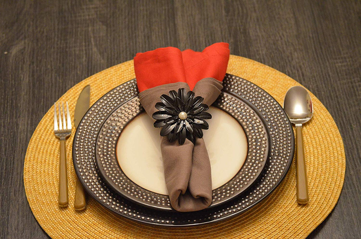 Vibhsa Black Floral Napkin Rings | Set of 4, Pearl Accents, Handcrafted