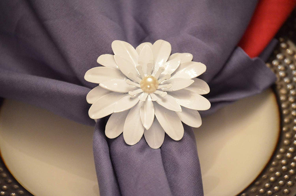 Vibhsa White Floral Napkin Rings | Set of 4, Pearl Accents, Handmade