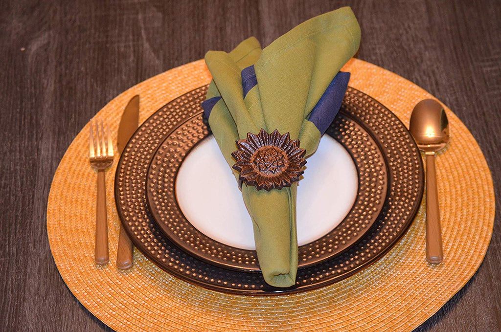 Vibhsa Antique Sunflower Napkin Rings | Set of 4, Handcrafted Aluminum