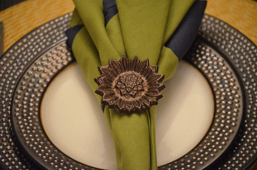 Vibhsa Antique Sunflower Napkin Rings | Set of 4, Handcrafted Aluminum