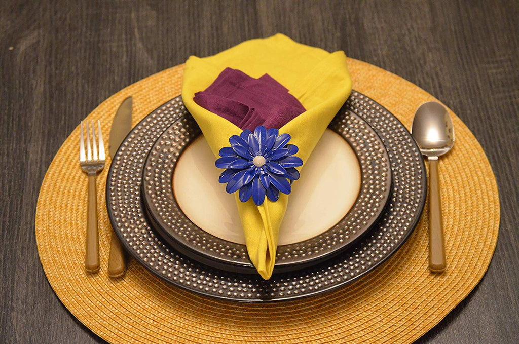Vibhsa Blue Floral Napkin Rings | Set of 4, Pearl Accents, Handcrafted