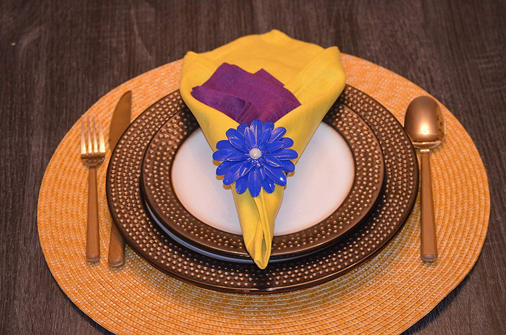 Vibhsa Blue Floral Napkin Rings | Set of 4, Pearl Accents, Handcrafted