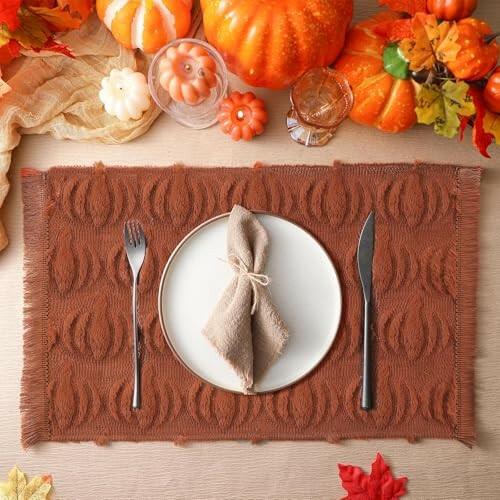 Nuanchu 4 PCS Rust Pumpkin Fall Placemats 13x19 Inch Soft Plush Table Mats