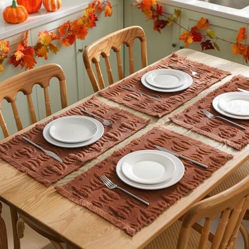 Nuanchu 4 PCS Rust Pumpkin Fall Placemats 13x19 Inch Soft Plush Table Mats