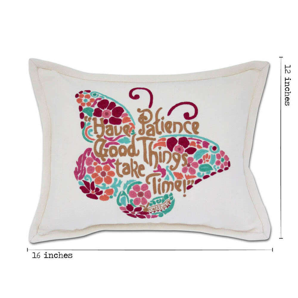 Patience Butterfly Love Letters Hand-Embroidered Pillow - Available in Pink or Blue by CatStudio