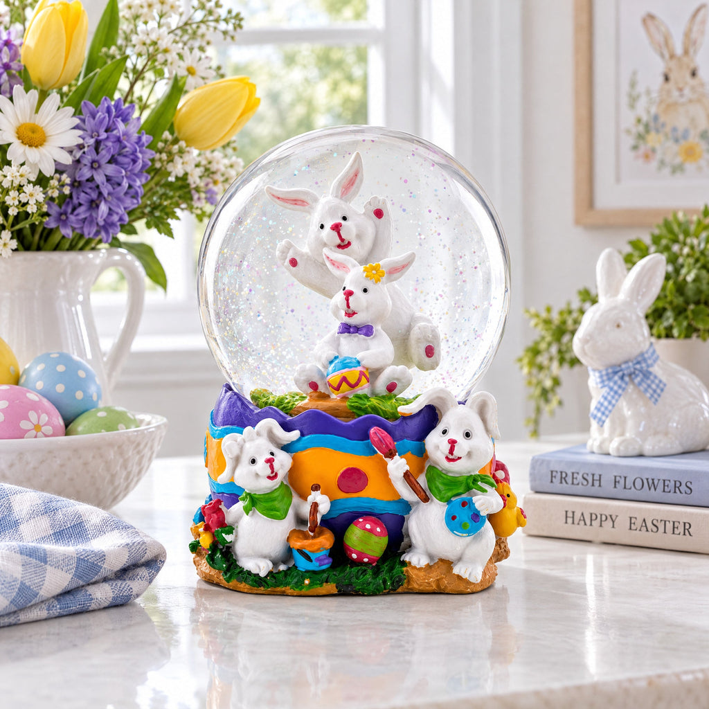 Spring Easter Egg Painting Rabbits Music Box Snow Globe 6 Inches Tall
