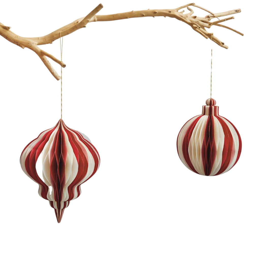 Red & White Recycled Paper Honeycomb Ornament | 2 Styles