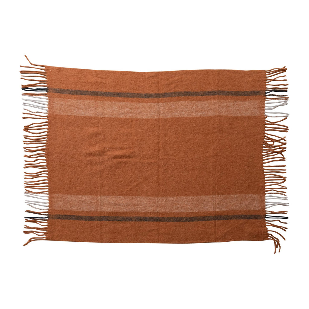 Brushed Orange Acrylic & New Zealand Wool Throw Blanket with Stripes & Fringe