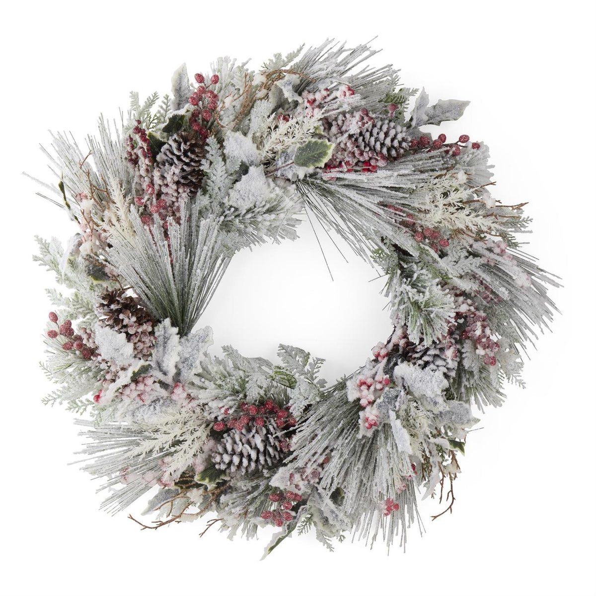 30 Inch Snowy Pine Wreath with Pinecones & Red Berries – Christmas Wreath