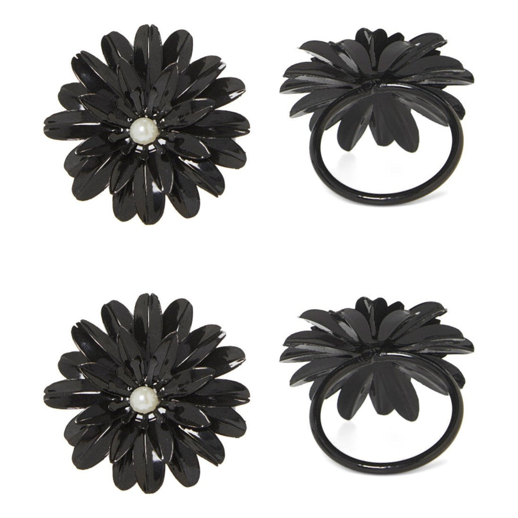 Vibhsa Black Floral Napkin Rings | Set of 4, Pearl Accents, Handcrafted
