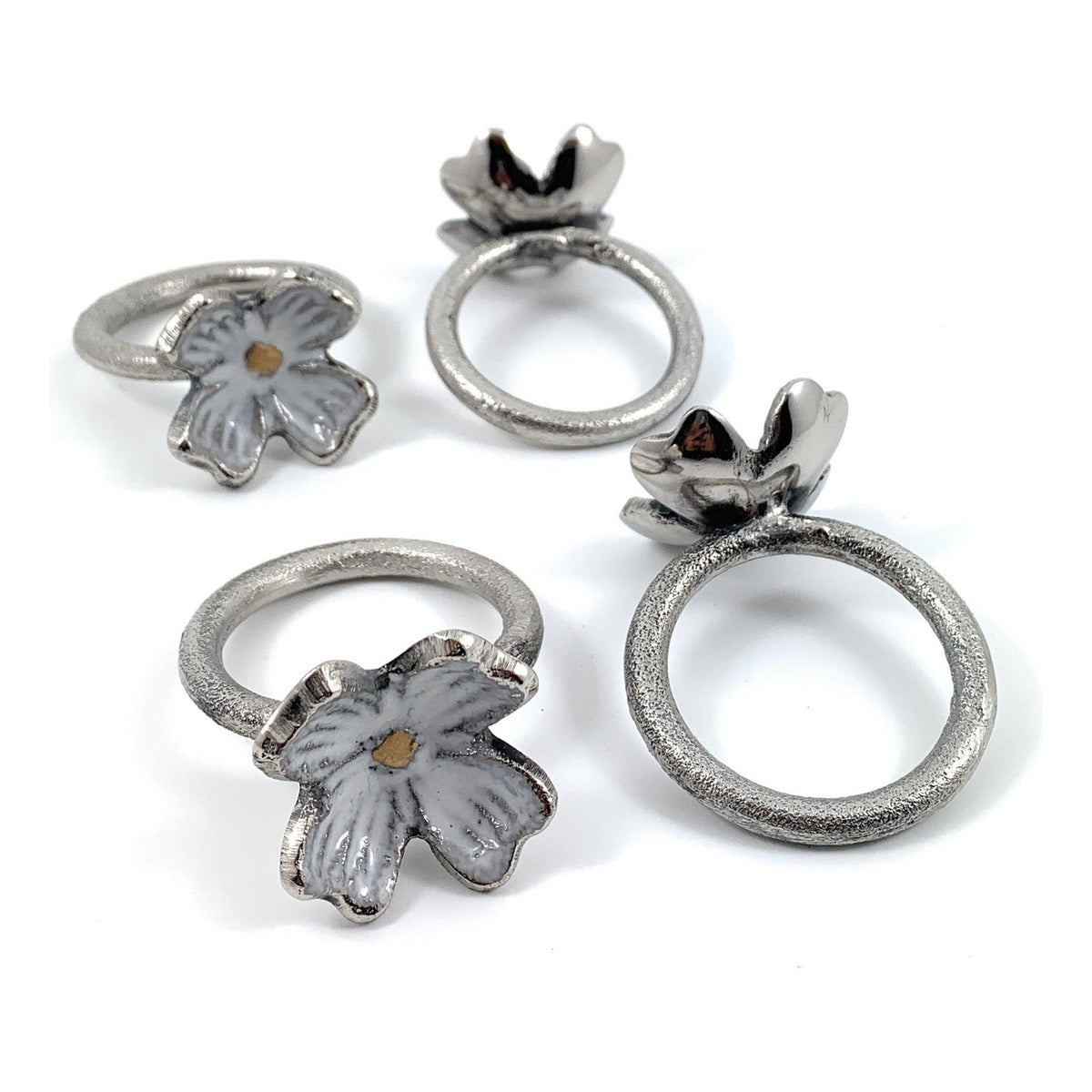 Vibhsa Rustic Silver Floral Napkin Rings | Set of 4, Handcrafted Aluminum