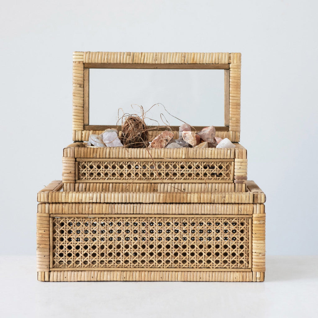 Woven Rattan Wood Display Boxes with Glass Lid | 2 Sizes
