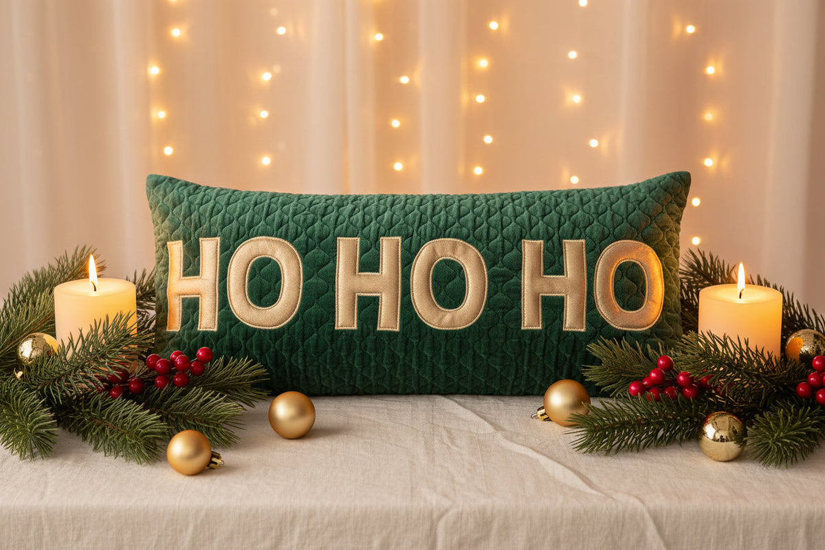 "HO HO HO Cotton Velvet Quilted Lumbar Pillow