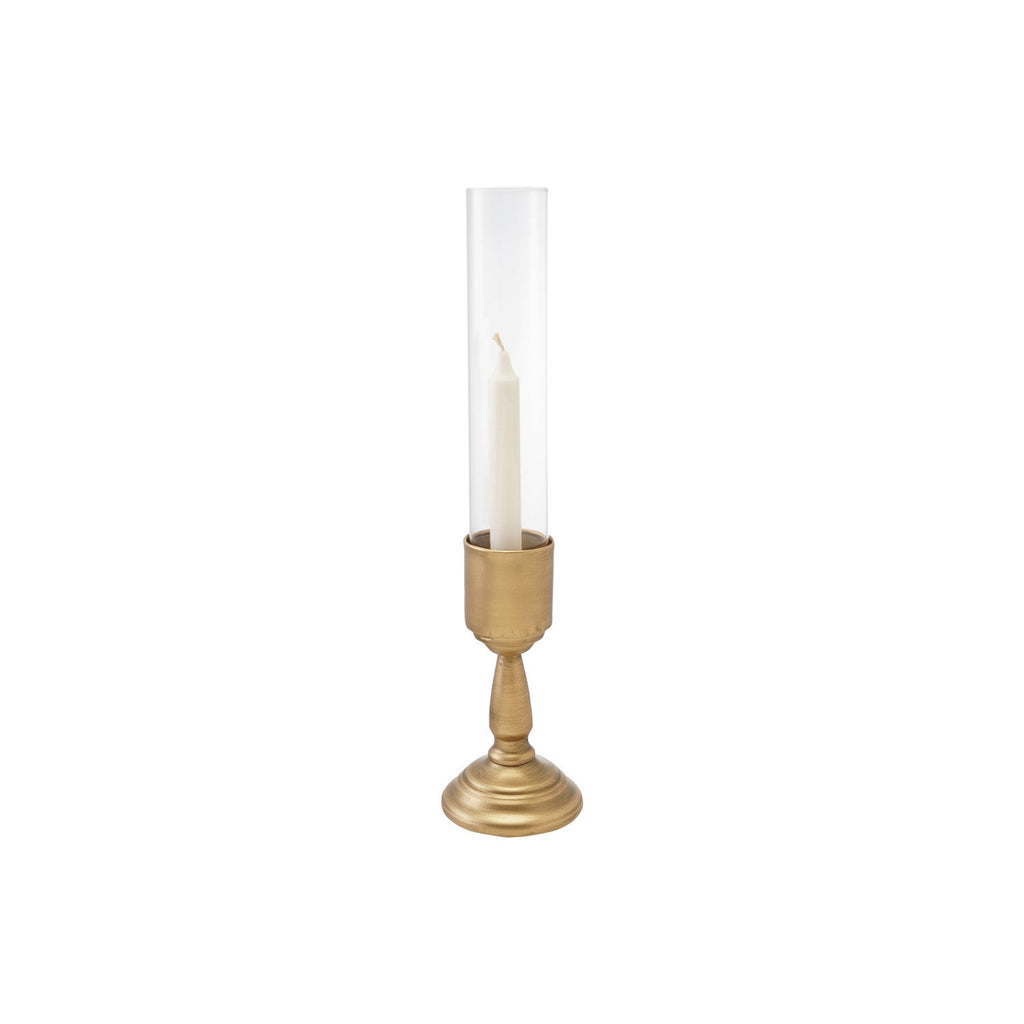 Gold Metal Taper Holder With Glass Hurricane- 2 Size Options